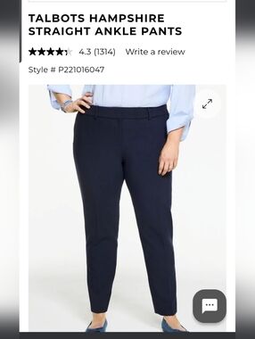 Talbots Hampshire Ankle Pants 18W Navy Straight Leg Stretch Career Classic
